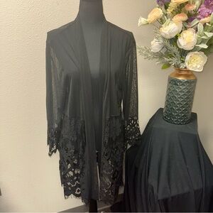 NWT Multiples Black Lace Open Front Cardigan Jacket XL Sheer Floral